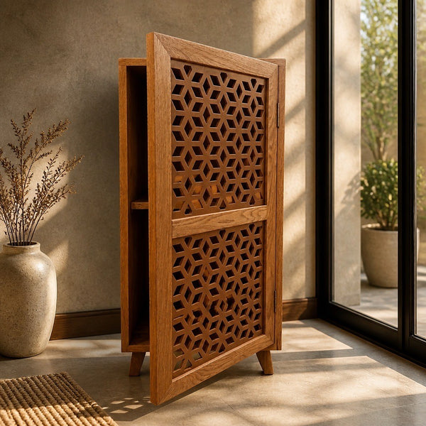 Geometric pattern screen and oak cupboard