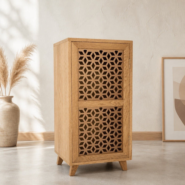 Geometric pattern screen and oak cupboard
