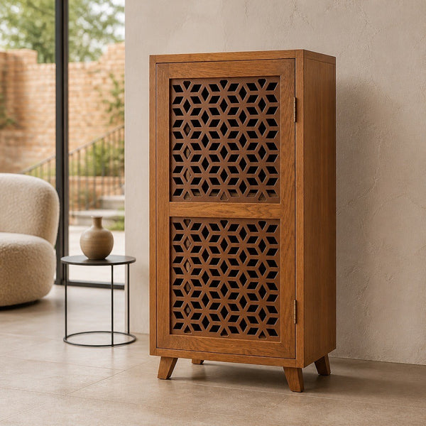 Geometric pattern screen and oak cupboard