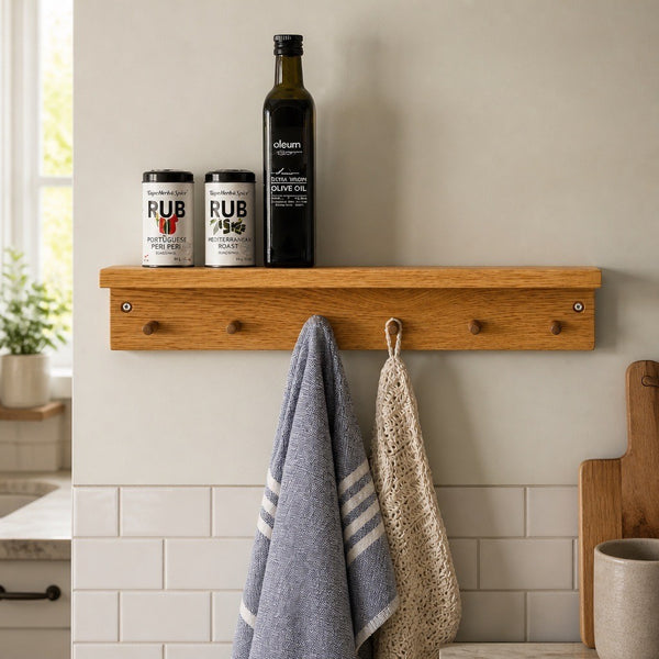 Oak shelf with pegs