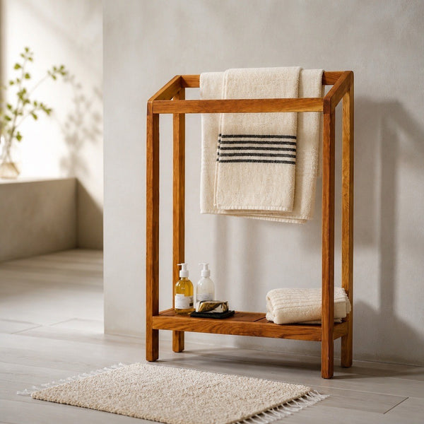 Oak towel rail with shelf - small
