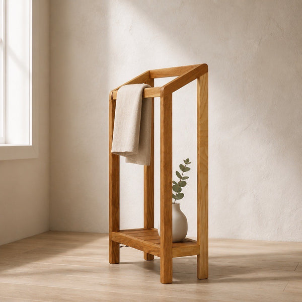 Oak towel rail with shelf - small