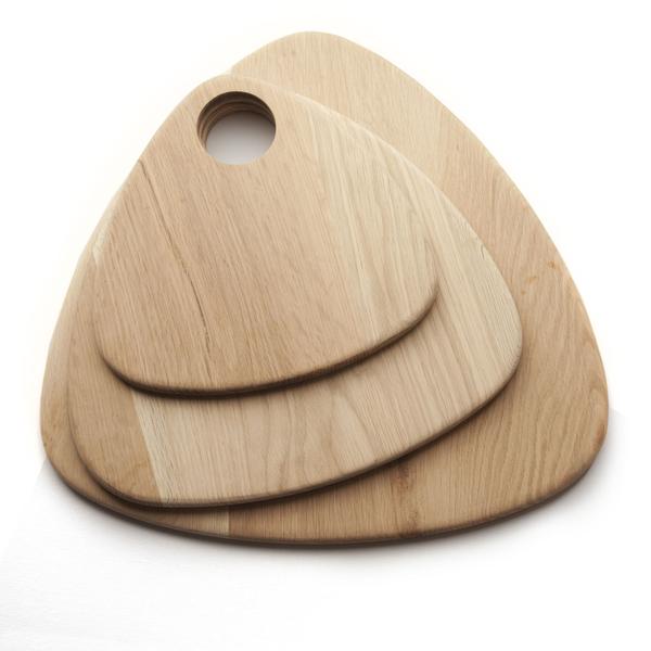 This is a picture displaying 3 wooden serving boards, available in small, medium and large. They are made from oak. 